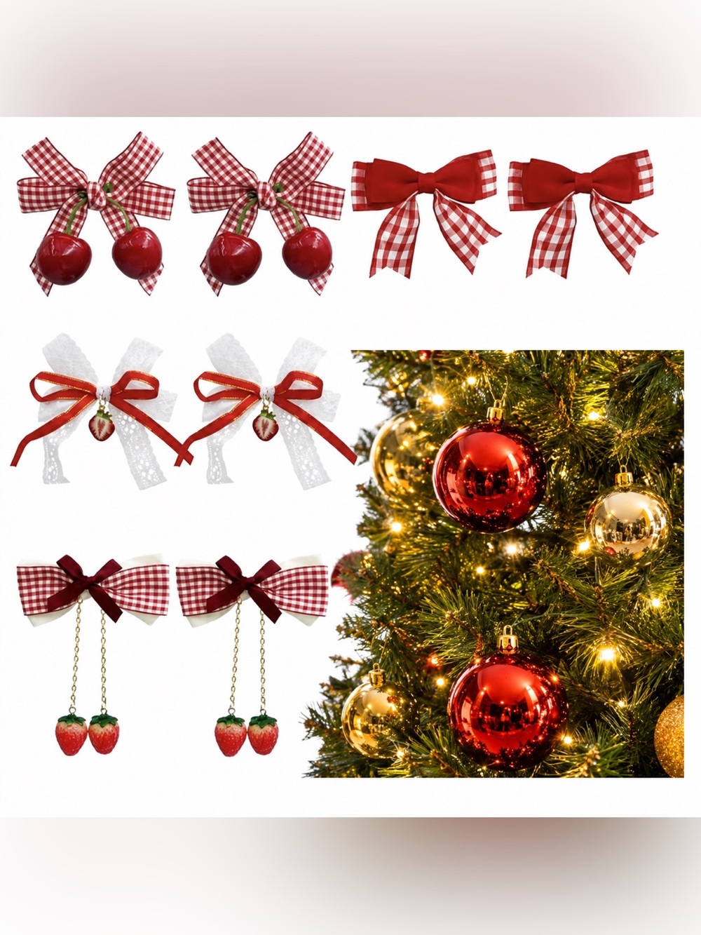 Holiday Red Christmas Tree Ornaments & Decorative Bows Set